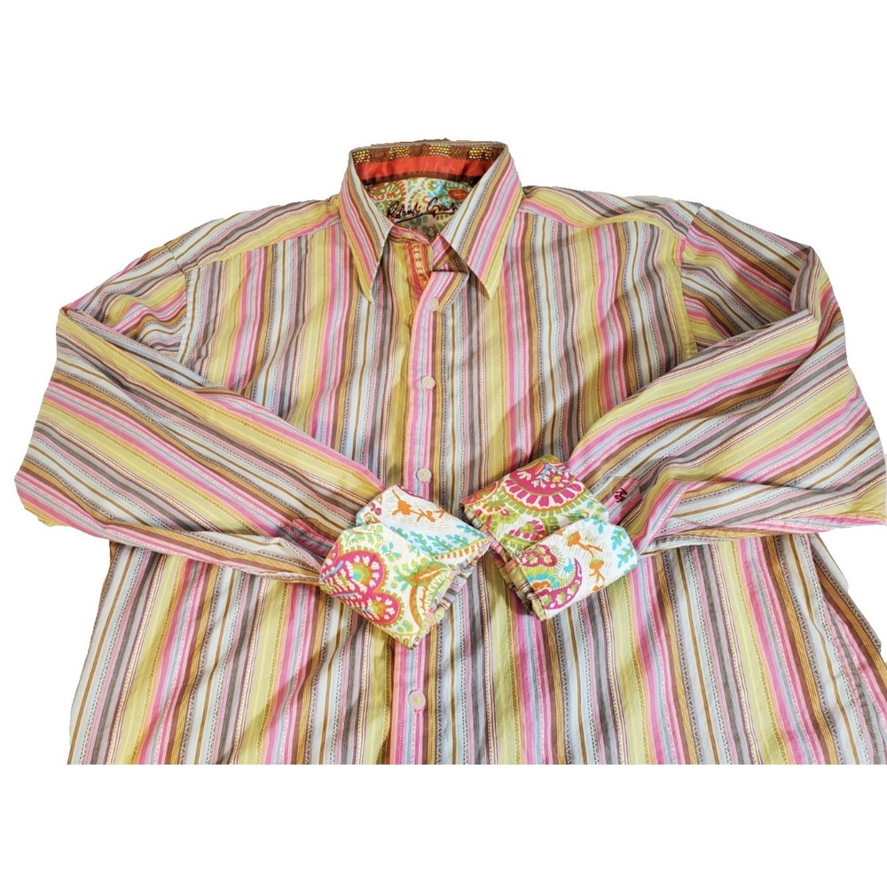 Robert Graham Striped Dress Shirt Size XL Long Sleeve Flip Cuff Spring Easter